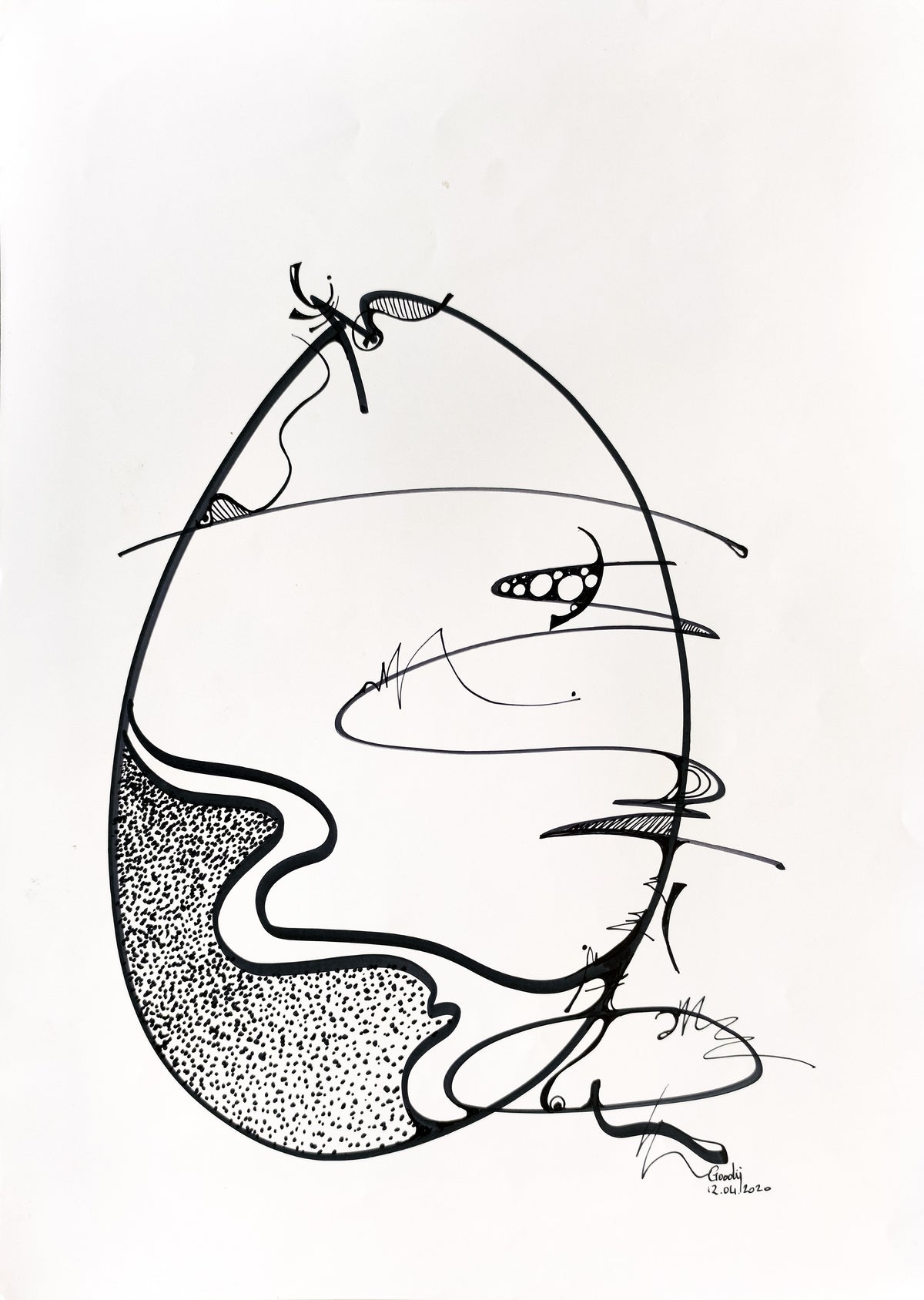 Au milieu coule une rivière — dessin au marqueur permanent sur papier glacé 250 g/m²