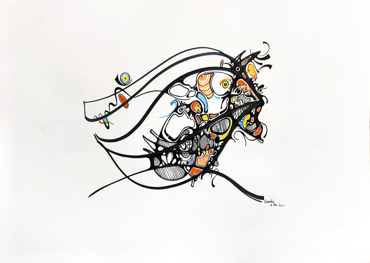 Regards clos — dessin au marqueur permanent sur papier glacé 250 g/m²